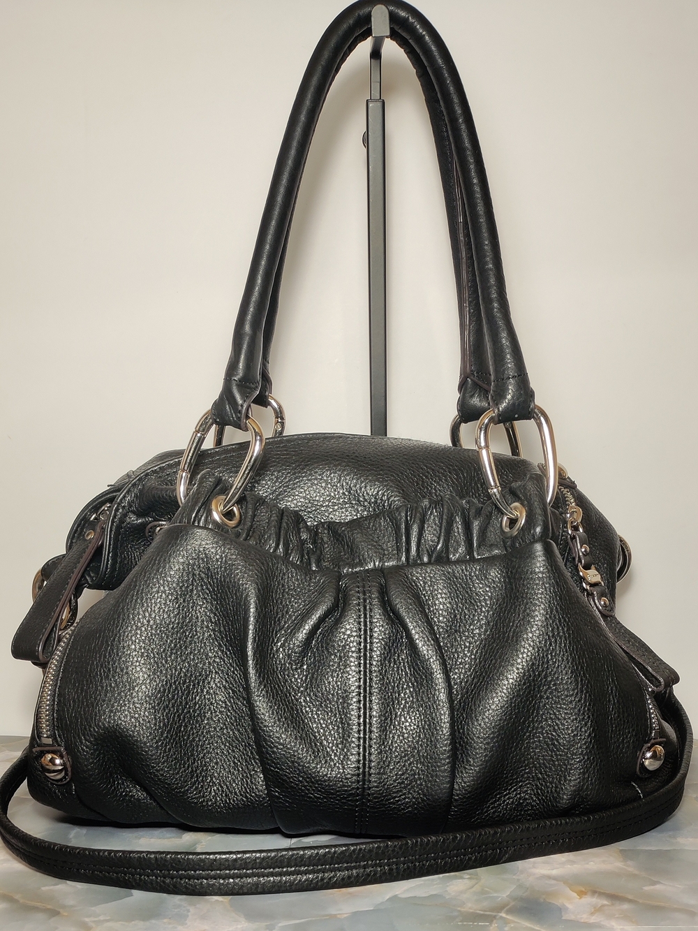 B. Makowsky Black Pebbled Leather Ruched Satchel Shoulder Bag